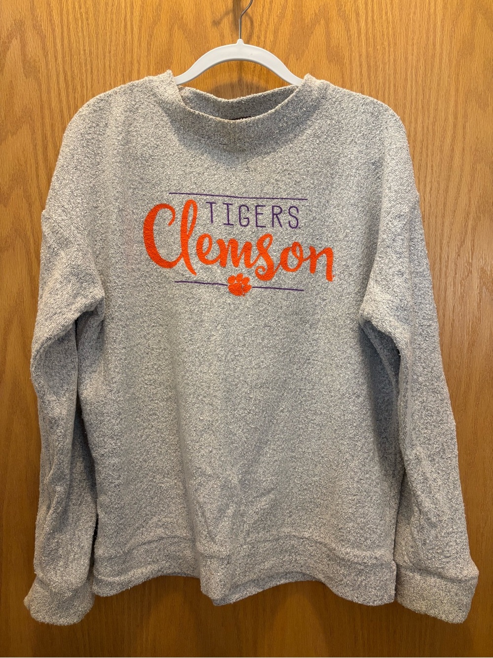 Pressbox Gray Crewneck Sweatshirt with Orange & Purple Clemson Script